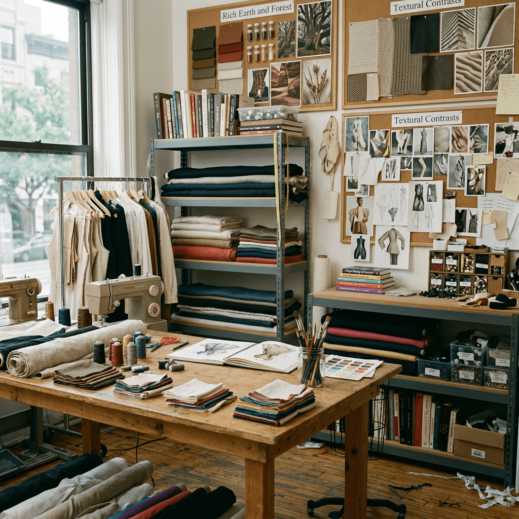 Designer fitting a black blazer on a dress form in a sewing studio