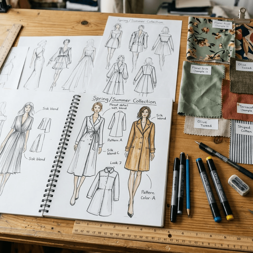 Close-up of table with sketches and fabrics
