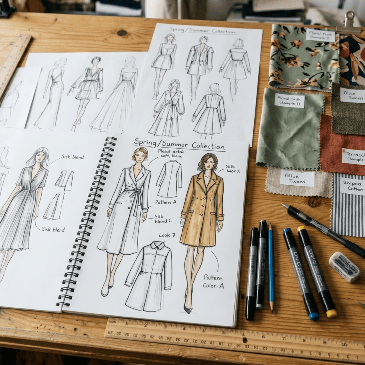 Close-up of table with sketches and fabrics