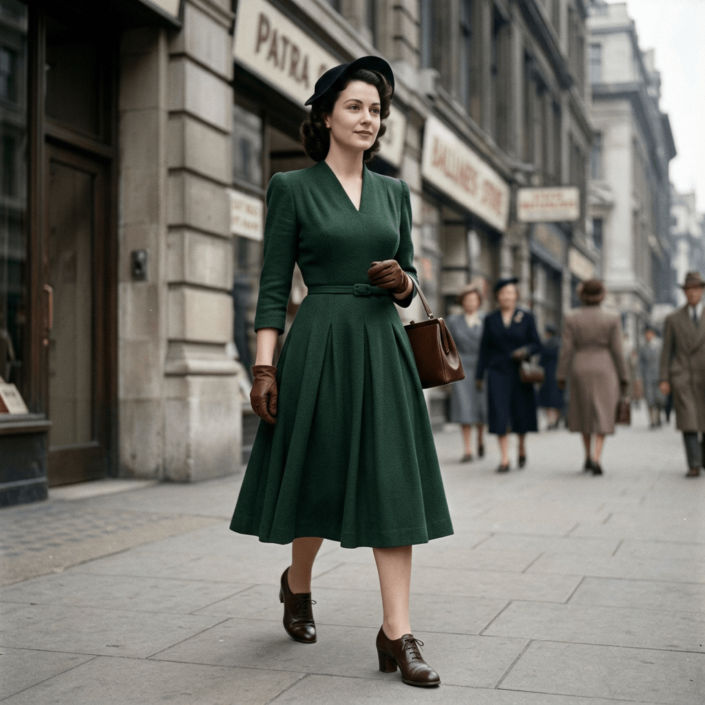 Woman in a green vintage dress and brown gloves walking on a city sidewalk