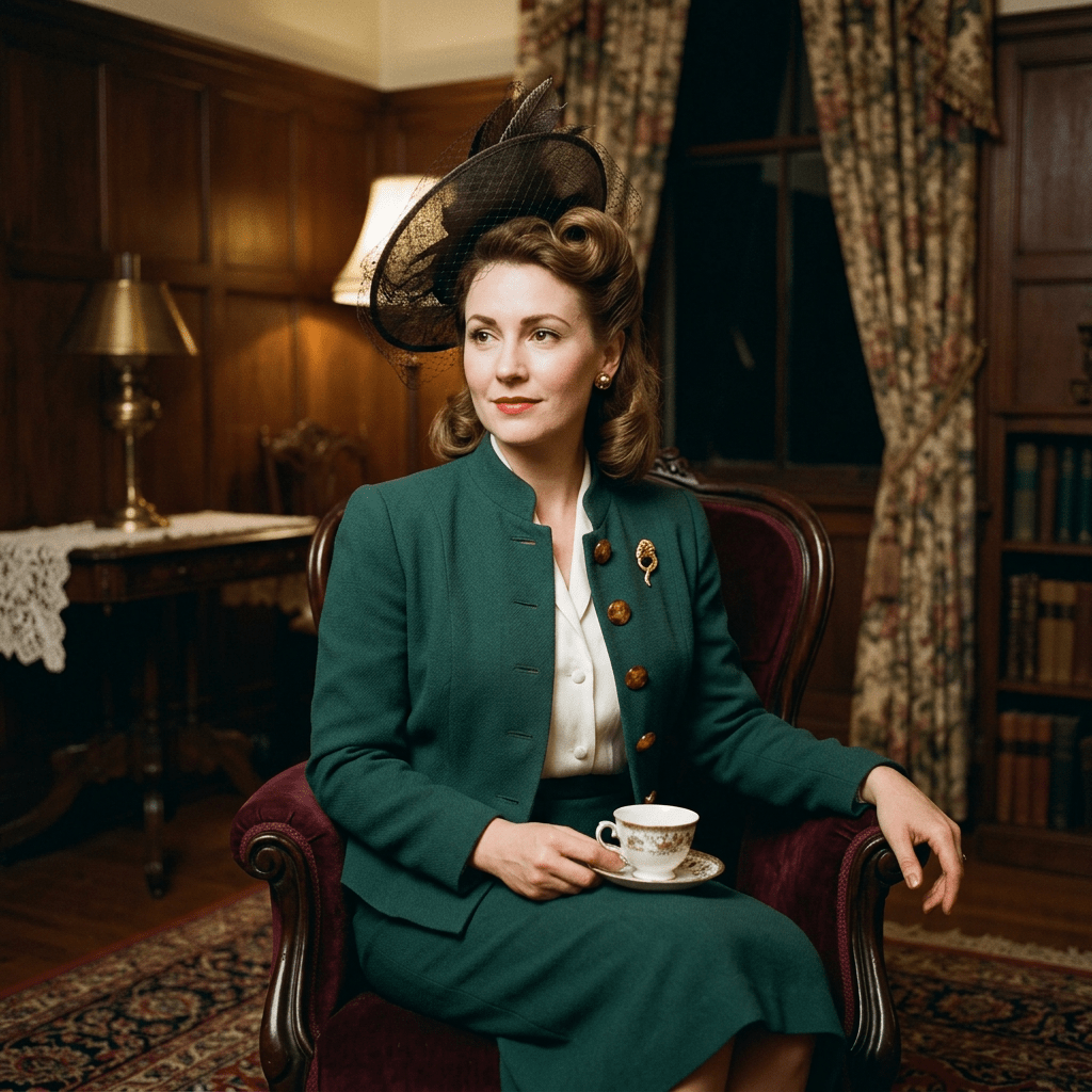 Woman dressed in vintage green suit and hat holding a teacup while sitting in an armchair