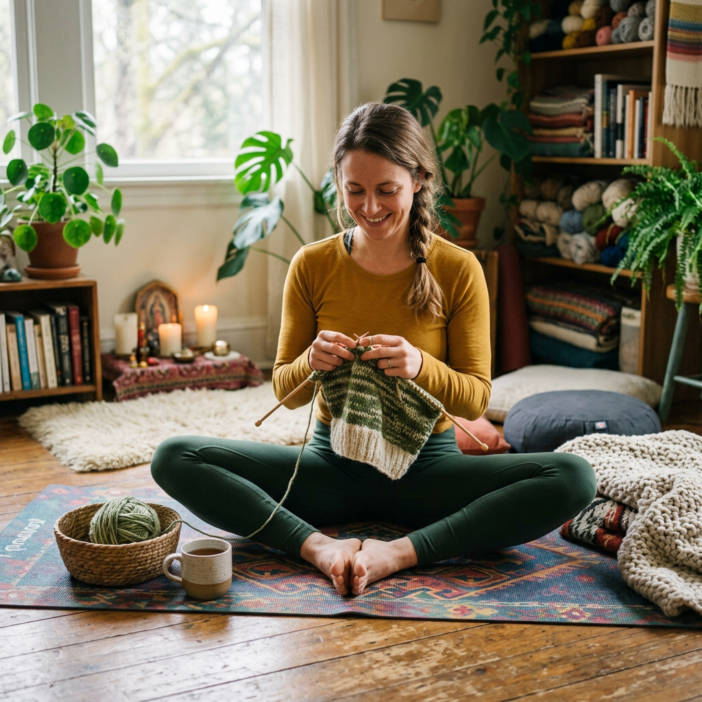 Woman knitting sitting cross-legged on a mat surrounded by yarn and cushions