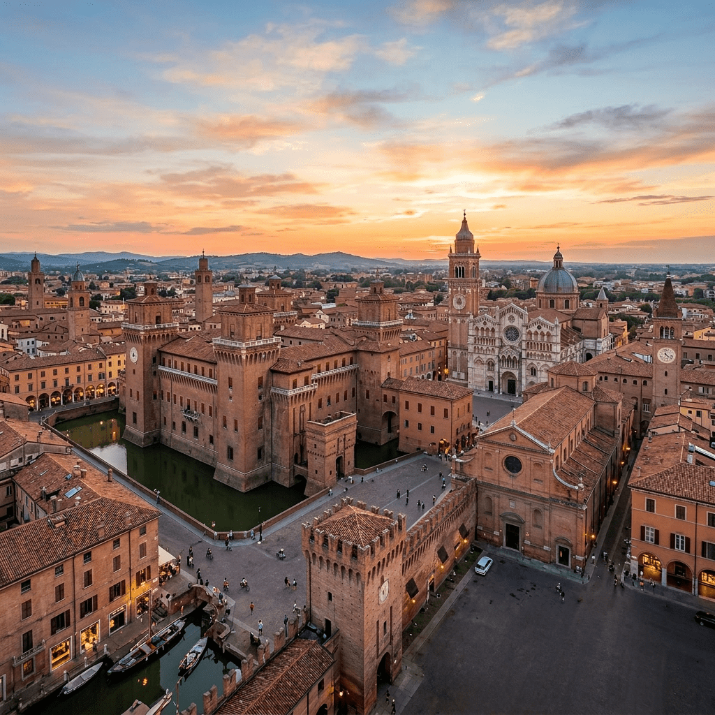 Aerial view of Ferrara city with historic buildings, canals, and cathedral at sunset