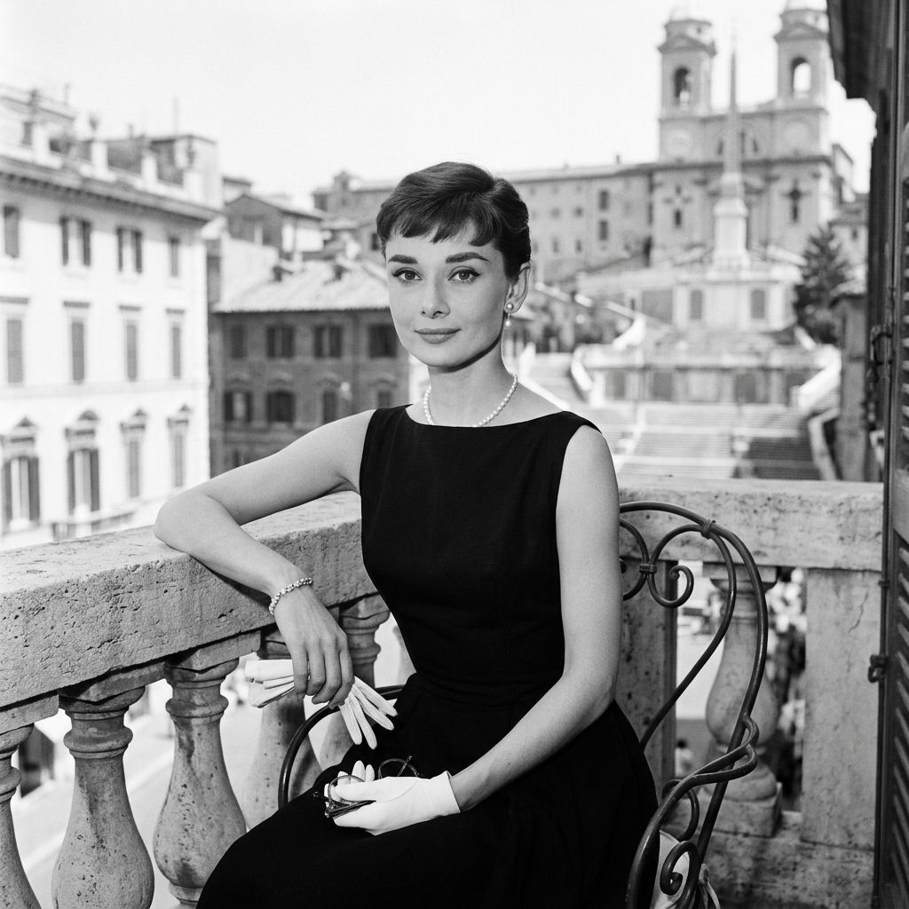 Elegant woman in black dress seated on balcony near Spanish Steps Rome