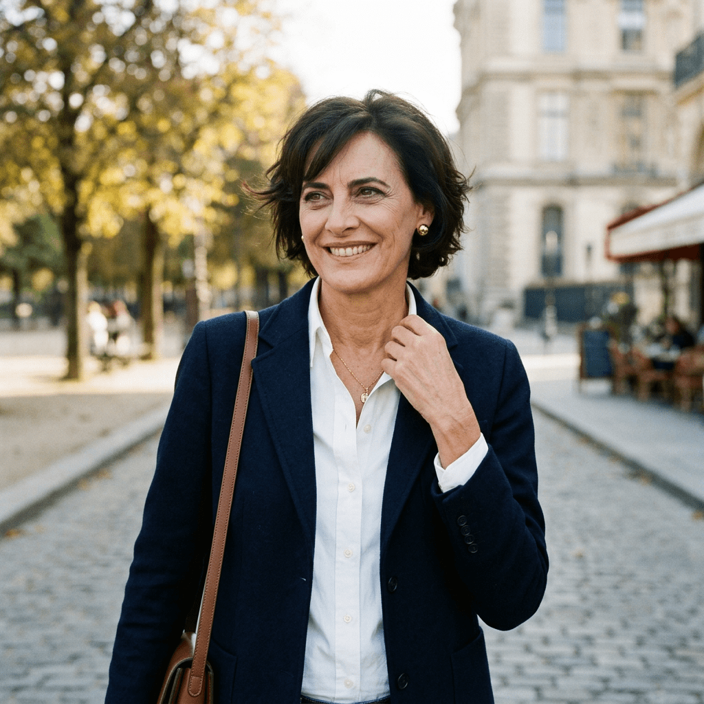 Woman in navy blazer and white shirt smiling outdoors on cobblestone street