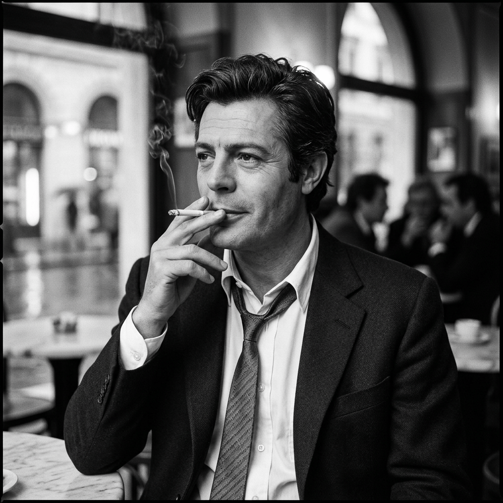 Man in suit smoking cigarette in cafe